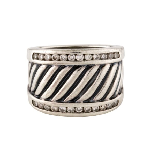 David Yurman 925 Sterling Silver Cable Cigar Band Ring Womens 6 Pave Diamonds - Picture 14 of 14